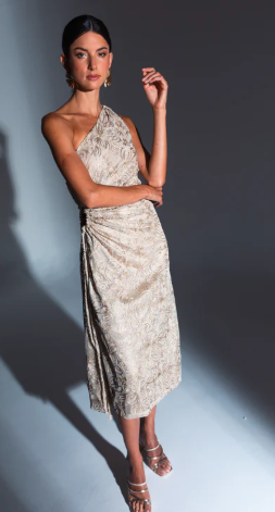VESTIDO MIDI ONE SHOULDER, 
ESTAMPADO PAISLEY ( FORRADO )